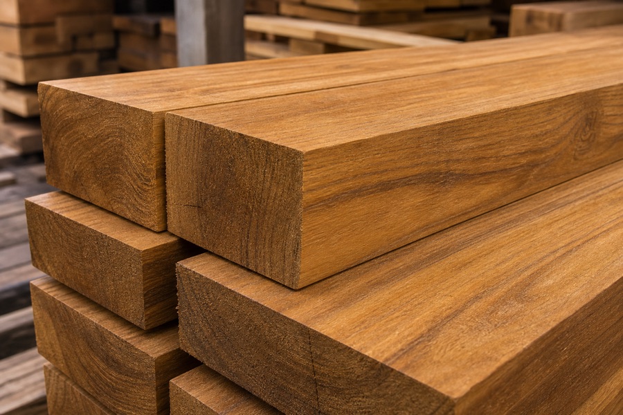 C.P. teak wood boards stacked in a timber store